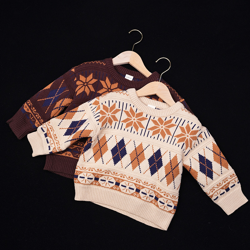 韩国进口秋冬男女童舒适加厚提花长袖毛衣复古圆领套头宽松针织衫