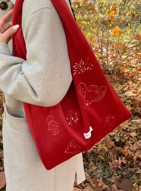 飞鸟刺绣托特包女大容量百搭单肩手提包通勤文艺红色毛呢包腋下包