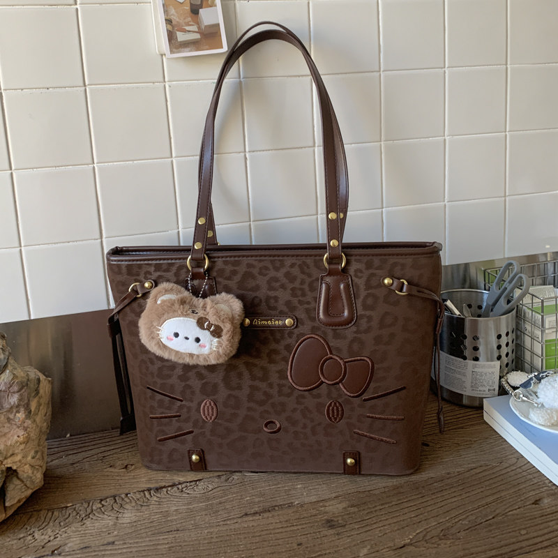 可爱豹纹kt猫包包女2025秋冬大容量手提单肩包小众复古通勤托特包
