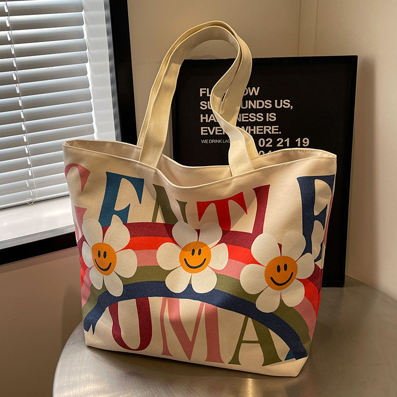 彩虹花朵帆布包女2024新款大容量通勤托特包雏菊印花单肩包手提袋,箱包皮具/热销女包/男包,时尚帆布包,淘宝优惠券,粉丝福利购,淘宝优惠卷