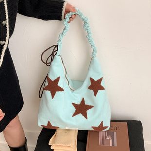 韩系星星毛绒托特包女2026新款大容量单肩包百搭通勤托特包斜挎包