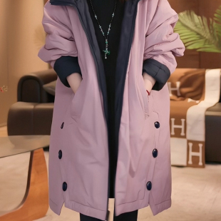 时尚休闲宽松中长款连帽棉服女款冬季加厚保暖棉衣双面穿夹棉外套
