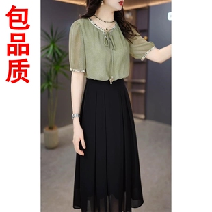 高级感短袖连衣裙女2025夏季新款高端十三行妈妈假两件遮肉裙子