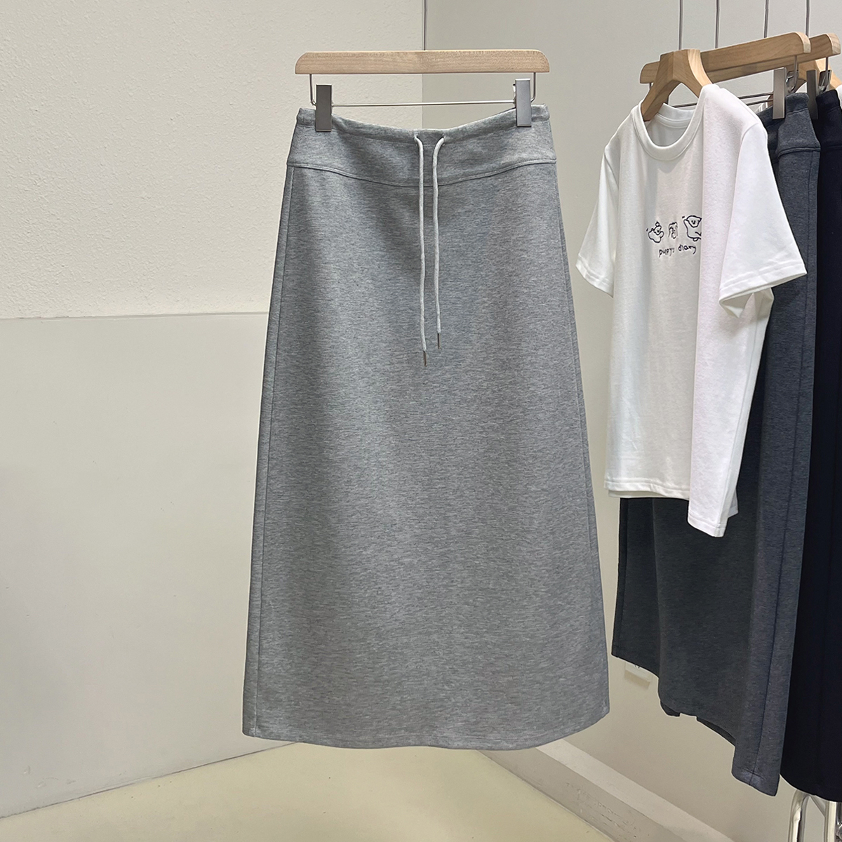 松紧腰秋季新款韩系百搭抽绳直筒开叉半身裙中长裙女显瘦包臀裙