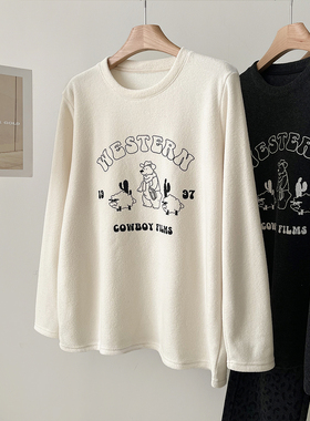 加厚雪芙绒小熊印花大版T恤女松弛感慵懒加绒保暖圆领打底衫秋冬