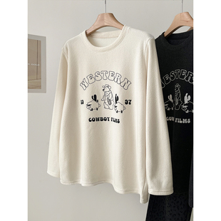 加厚雪芙绒小熊印花大版T恤女松弛感慵懒加绒保暖圆领打底衫秋冬