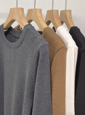 韩系简约加厚圆领磨毛羊绒打底T恤女秋冬基础款内搭显瘦修身上衣