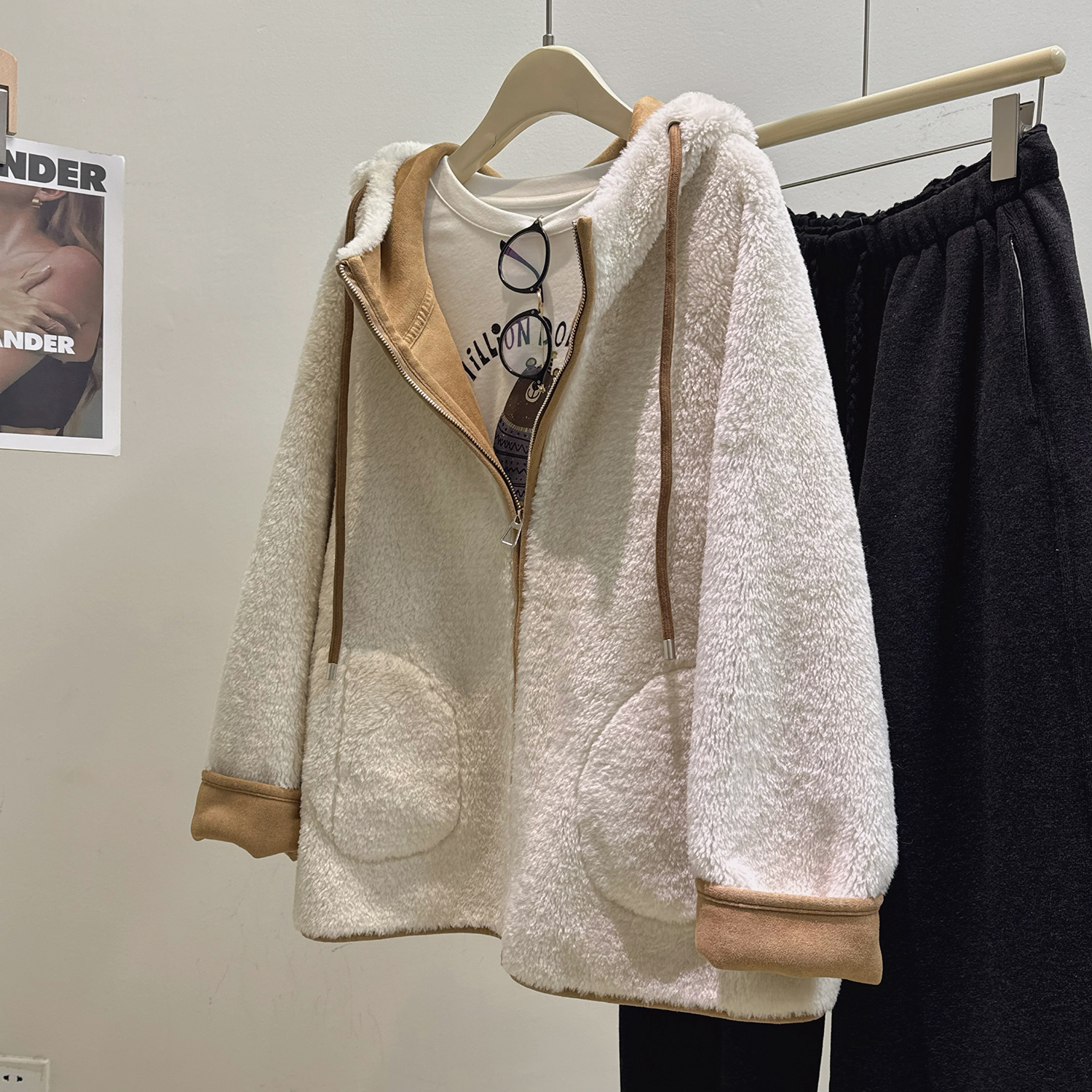 chao细绒柔软毛绒外套秋冬连帽领仿麂皮一体绒加厚保暖棉衣上衣