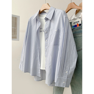 单排扣中长款 纯棉松弛感翻领条纹衬衫 长袖 新款 叠穿百搭上衣 女春季