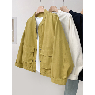 斜纹水洗纯棉圆领工装夹克外套女春季新款显瘦宽松大口袋短上衣