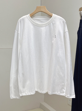 100纯棉飞鸟刺绣简约圆领小白tee长袖T恤女秋季新款百搭上衣打底