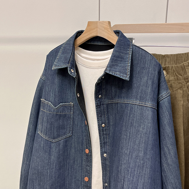 欧货复古加绒牛仔蓝色衬衫外套