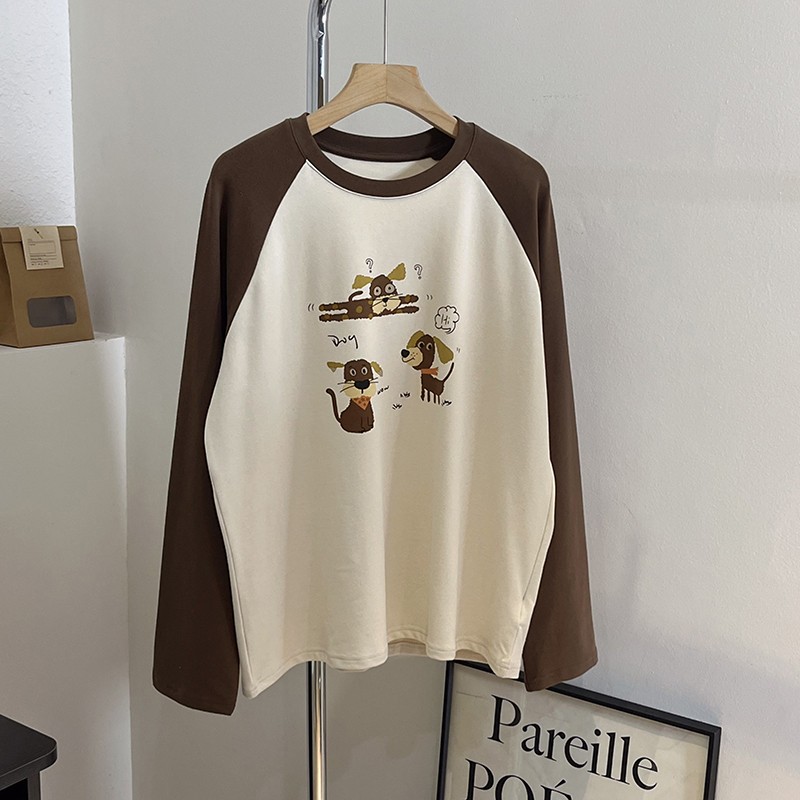 PP家 简约百搭撞色插肩长袖t恤女宽松显瘦卡通印花减龄上衣打底衫