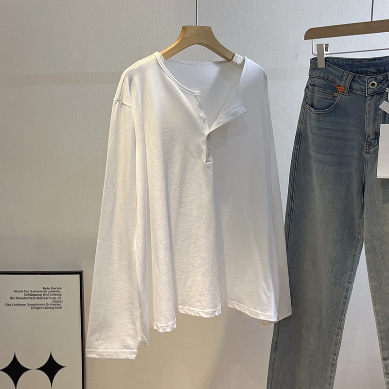 PP家韩版门襟纽扣长袖T恤女春季新款百搭显瘦亨利领打底衫上衣