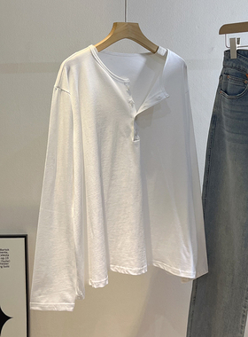 PP家韩版门襟纽扣长袖T恤女春季新款百搭显瘦亨利领打底衫上衣