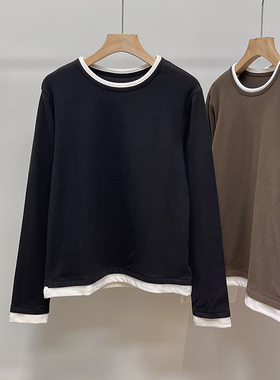 高级定制~双面德绒假两件打底T恤女秋冬内搭自发热长袖拼接上衣