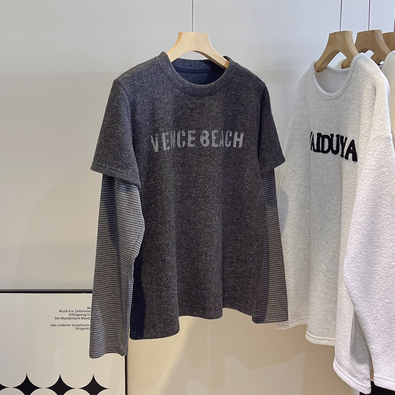 拼接条纹兔毛绒字母假两件T恤女春秋欧货洋气慵懒甜酷上衣打底衫