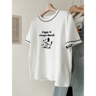 上衣 宽松打底衫 弹力棉质明线设计感植绒小狗印花短袖 T恤女夏新款