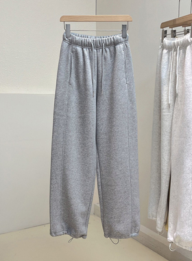 加绒加厚阔腿束脚两穿卫裤冬季新款松紧腰高腰直筒宽松卫裤长裤女
