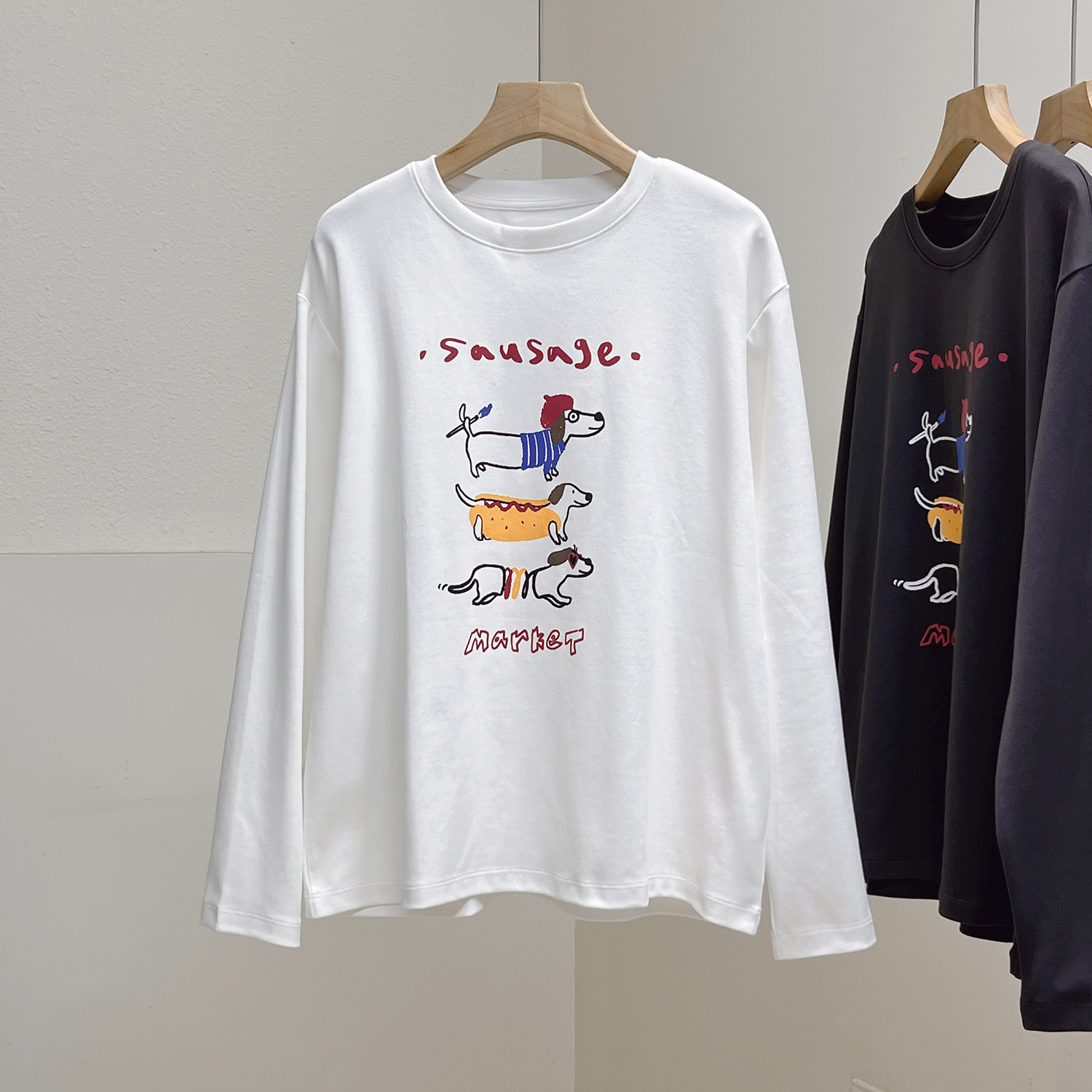 弹力棉软糯亲肤卡通小狗印花长袖T恤女秋季宽松显瘦打底衫上衣