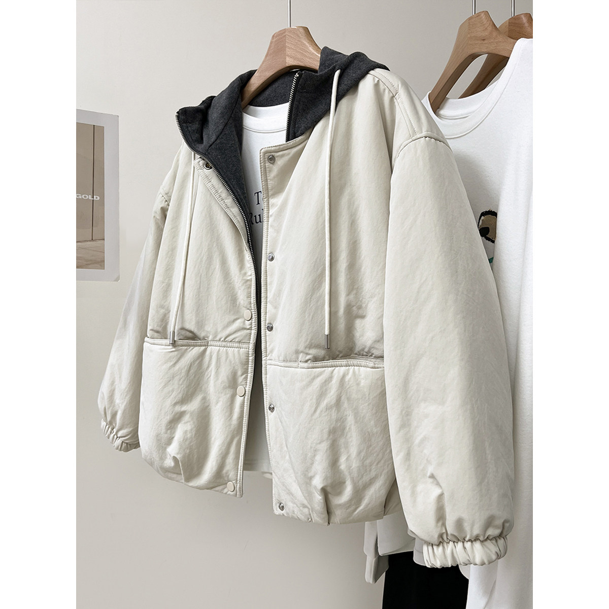 韩系假两件连帽拼接棉服女冬季新款夹棉加厚宽松休闲保暖棉衣外套,女装/女士精品,棉衣/棉服,淘宝优惠券,粉丝福利购,淘宝优惠卷