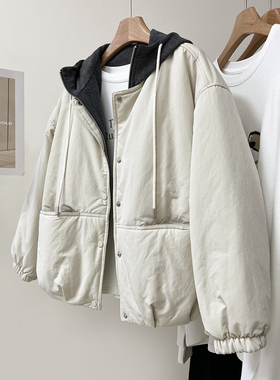 韩系假两件连帽拼接棉服女冬季新款夹棉加厚宽松休闲保暖棉衣外套