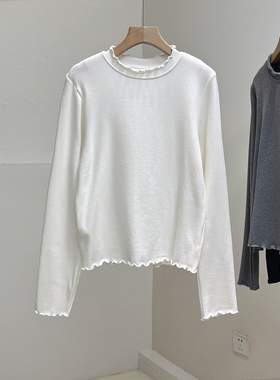 软糯加绒木耳边正肩显瘦打底衫女秋冬舒适百搭修身长袖T恤上衣