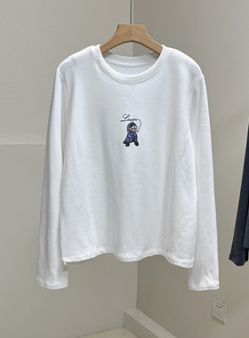 磨毛加厚小印花宽松长袖T恤女秋冬新款保暖内搭上衣正肩打底衫