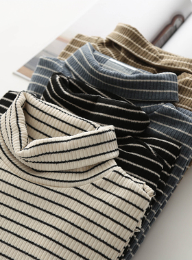 特价/高领打底衫女秋新款条纹堆堆领针织衫百搭修身上衣长袖T恤