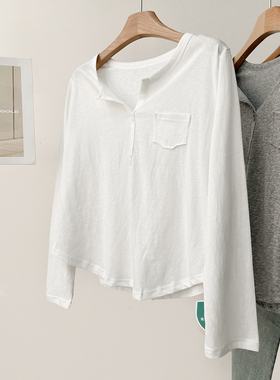 韩版小口袋纽扣半开领雪花棉长袖T恤女早春新款亲肤显瘦打底衫