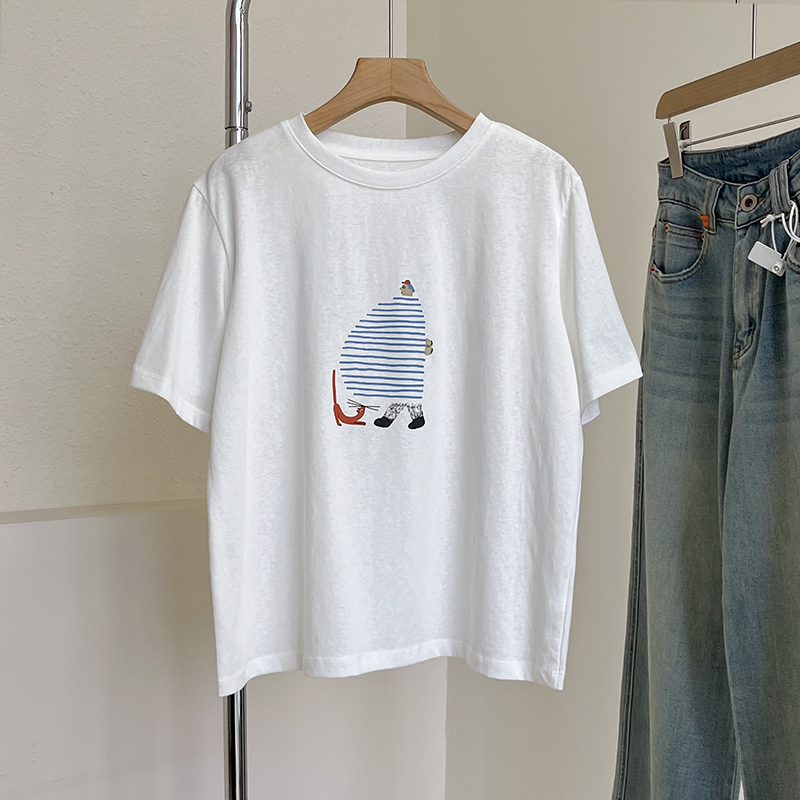 雪花棉薄款蓝胖胖印花短袖T恤夏季百搭圆领短袖tee减龄打底衫潮