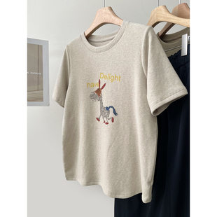 百搭宽松正肩叠穿打底衫 T恤女早春新款 磨毛加厚复古卡通印花短袖