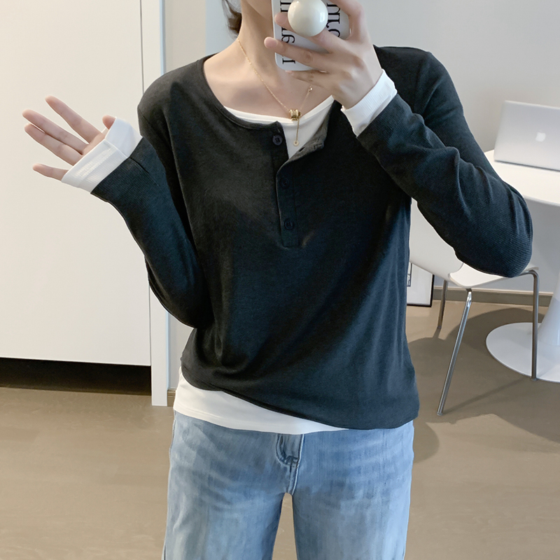 秋季新款设计感假两件长袖T恤