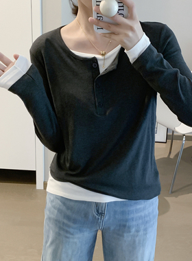 假两件纽扣长袖打底衫弹力秋螺纹棉宽松百搭显瘦设计感女上衣T恤