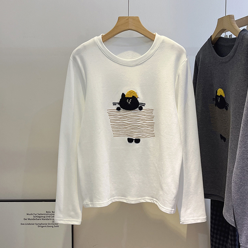 磨毛圆领黑猫刺绣打底衫女韩版加厚德绒减龄洋气百搭弹力长袖T恤