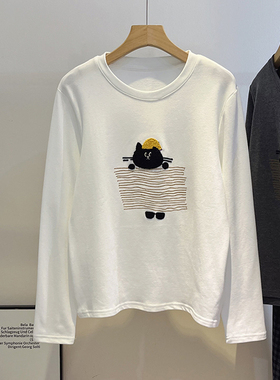 磨毛圆领黑猫刺绣打底衫女韩版加厚德绒减龄洋气百搭弹力长袖T恤