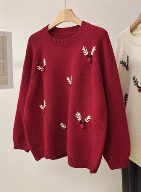 韩系复古麋鹿圣诞红色毛衣女秋冬新款软糯宽松新年保暖上衣针织衫