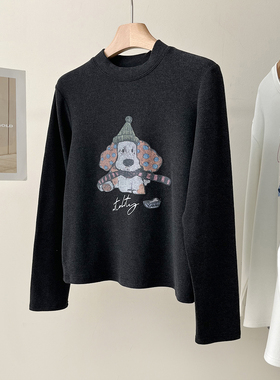 韩版加厚圆领双面德绒小狗印花长袖T恤女保暖冬季显瘦休闲打底衫