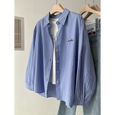 水洗纯棉字母刺绣竖条纹韩版长袖衬衫女春秋新款百搭宽松上衣外套