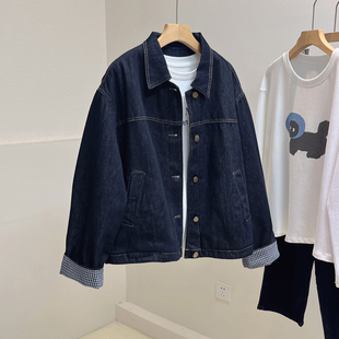 夹棉加厚复古丹宁蓝撞色格纹袖口明线牛仔外套女冬季保暖上衣棉衣