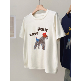 圆领内搭打底衫 暖气bi入加厚澳绒磨毛小狗刺绣短袖 T恤女秋冬新款