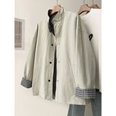 上衣 宽松休闲格子内衬中长款 韩版 复古小立领风衣外套女早春新款