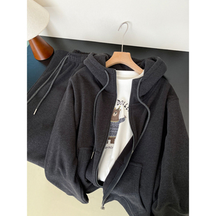 重磅加厚连帽拉链卫衣外套女慵懒保暖百搭秋冬显瘦阔腿裤套装