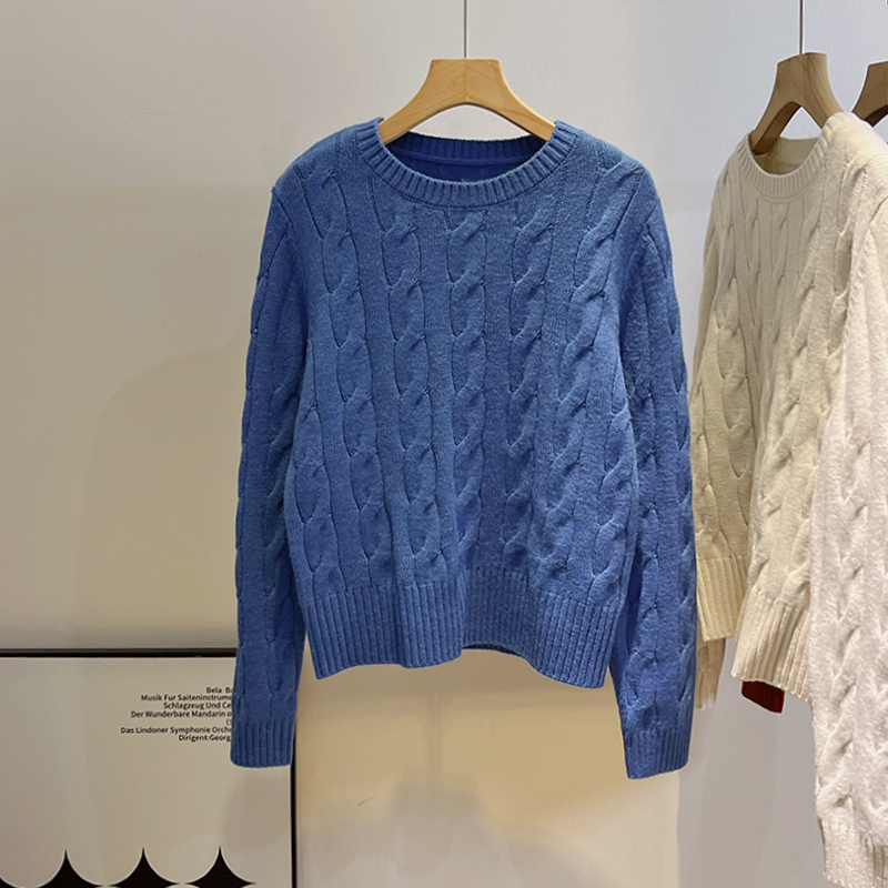 厚款软糯绞花圆领套头毛衣女韩系克莱因蓝温柔风高级感短款针织衫