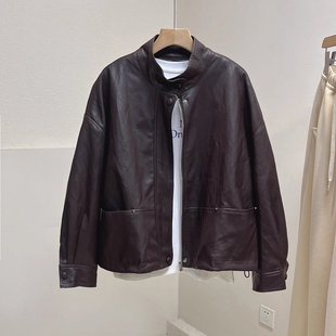 蛋白PU皮超柔软休闲夹克皮衣女秋季 外套上衣 复古宽松立领抽绳短款