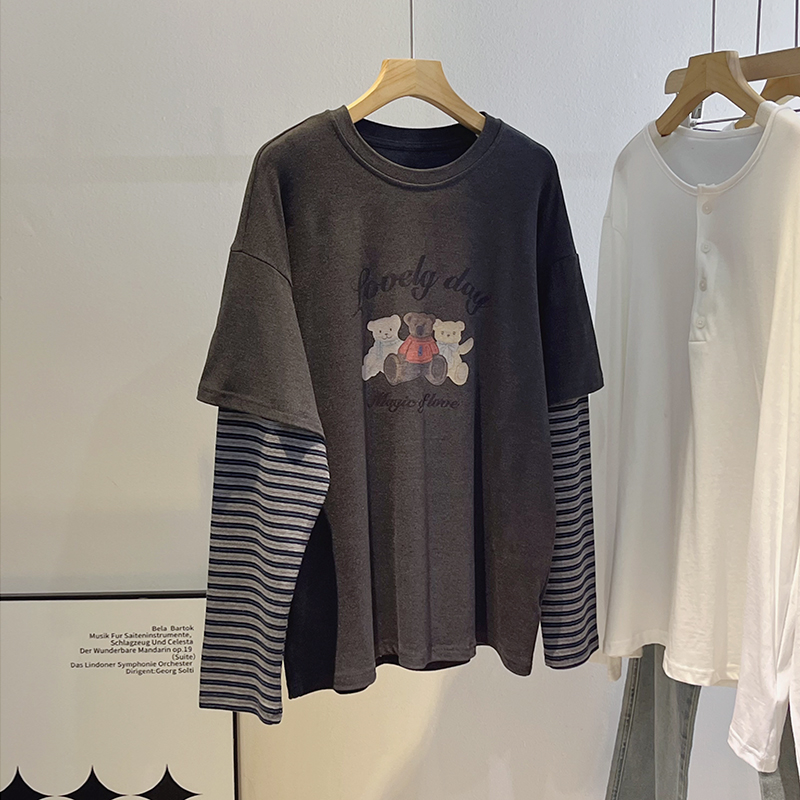 PP家磨毛弹力棉小熊印花假两件长袖T恤女上衣春季新款宽松打底衫