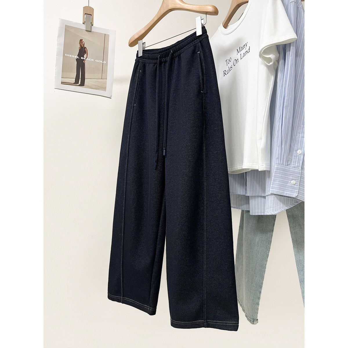 垂感遮胯显瘦~高腰立裁牛仔裤女春季新款松紧腰弯刀裤窄版阔腿裤,女装/女士精品,休闲裤,淘宝优惠券,粉丝福利购,淘宝优惠卷