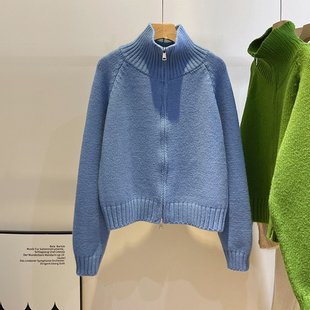 厚实双拉链高领开衫外套女韩版纯色克莱因蓝翻领慵懒风针织毛衣