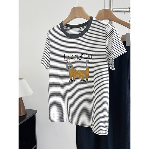 韩版撞色条纹小猫印花短袖T恤女夏季新款休闲风慵懒宽松圆领上衣