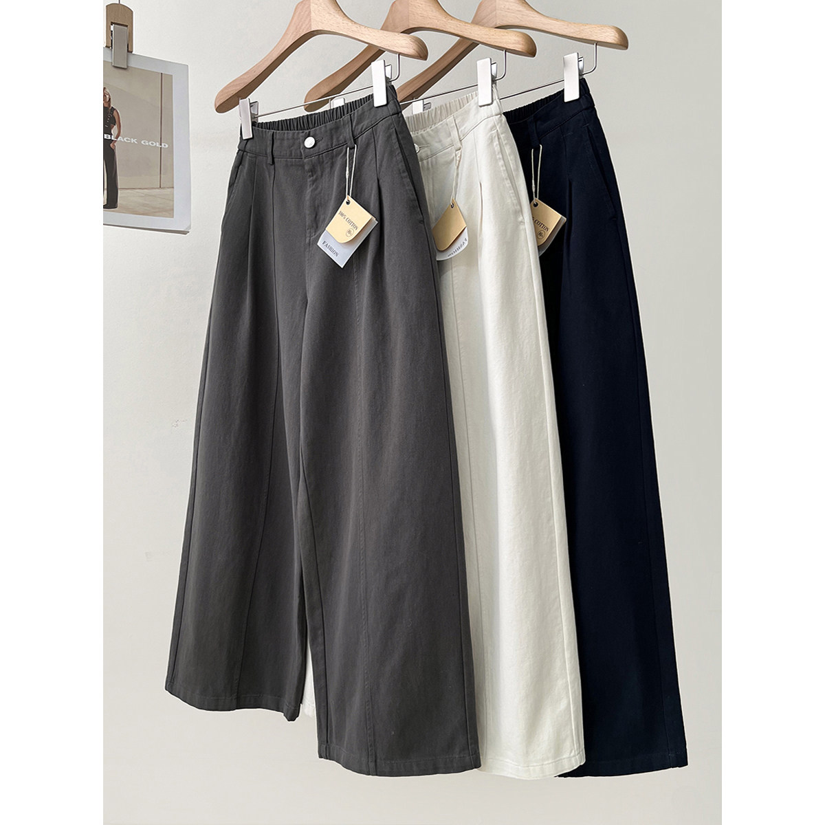 遮胯显瘦~斜纹纯棉茧型休闲裤女春季新款高腰显瘦拼接阔腿裤长裤